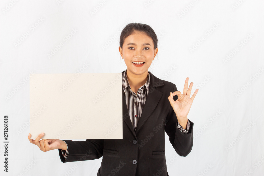 Portrait asian beauty business woman isolated white background.female holding blank card Portrait asian beauty business woman isolated white background.female holding blank card