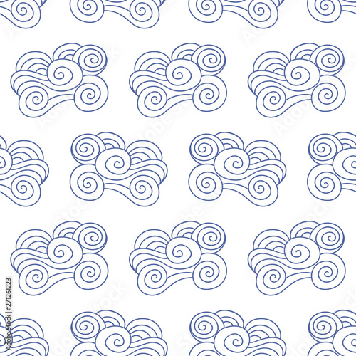 Vector Japanese, Chinese blue ocean waves, clouds seamless pattern