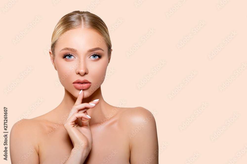 Beauty Woman. Beauty Portrait Girl with clean Fresh Skin. Model over a Peach background. isolated. Cosmetology. Studio shot. - Image Beauty Woman. Beauty Portrait Girl with clean Fresh Skin. Model over a Peach background. isolated. Cosmetology. Studio shot. - Image