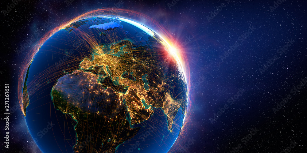 Obraz premium Detailed flight routes on Earth. 3D rendering