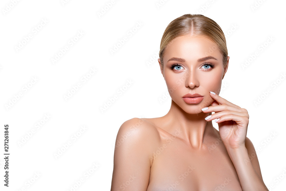 Closeup Model with perfect makeup and clean Fresh Skin . Beauty. Studio shot. Beautiful portrait young Woman with copy space for advertising slogan or product - Image Closeup Model with perfect makeup and clean Fresh Skin . Beauty. Studio shot. Beautiful portrait young Woman with copy space for advertising slogan or product - Image