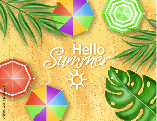 Hello summer card beach sea side Vector realistic. Palm leaves on sand beach ...