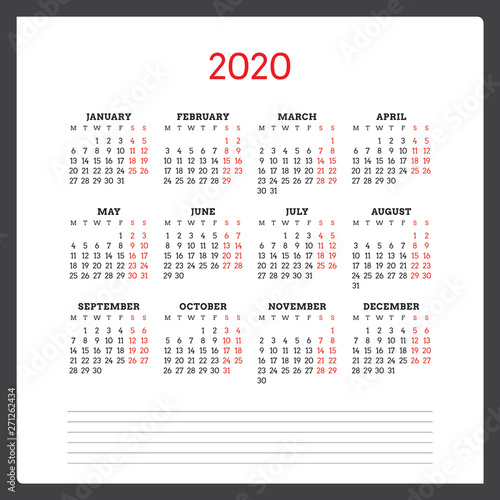 Calendar for 2020 year. Week starts on Monday. Printable vector stationery design template