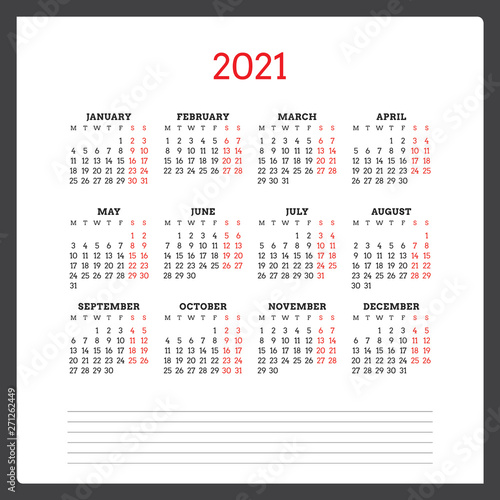 Calendar for 2021 year. Week starts on Monday. Printable vector stationery design template