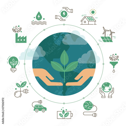 Vector illustration with set of icons isolated on white background on the theme of ecology.
