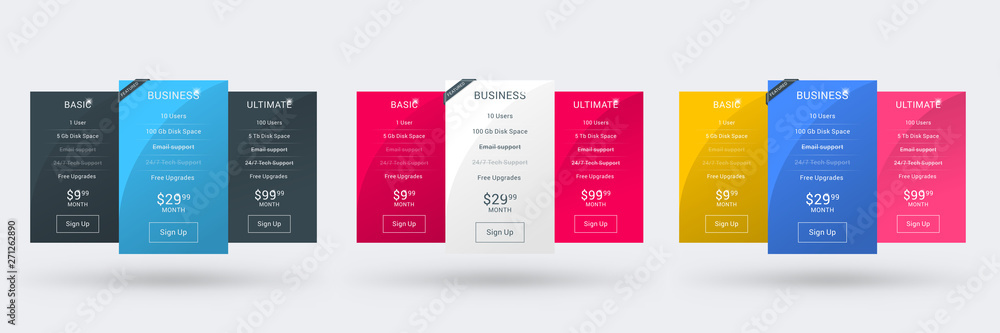 Pricing table color variations. Pricing plans template for websites and applications. Vector illustration