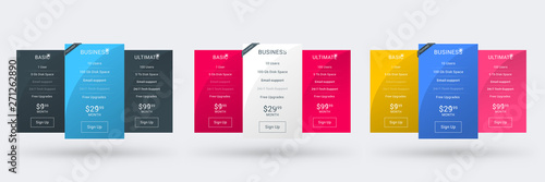 Pricing table color variations. Pricing plans template for websites and applications. Vector illustration