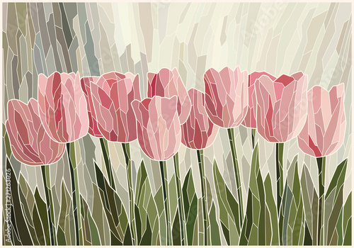 Stained glass light pink tulips. Vector graphics, mosaic full color. Imitation of colored glass