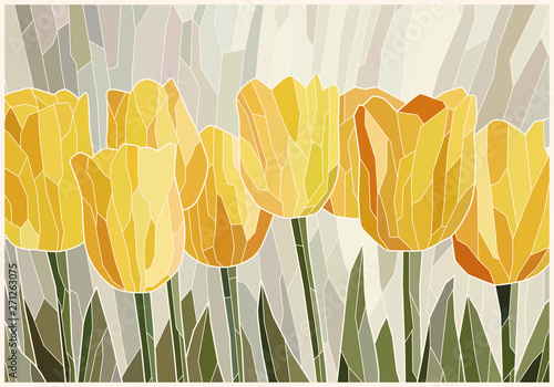 Stained glass yellow tulips on gray scenic background. Vector graphics, mosaic full color. Imitation of colored glass #271263075