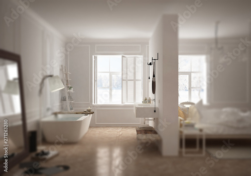 Interior design depth of field, contemporary bedroom & bathroom in scandinavian style, modern architecture concept idea