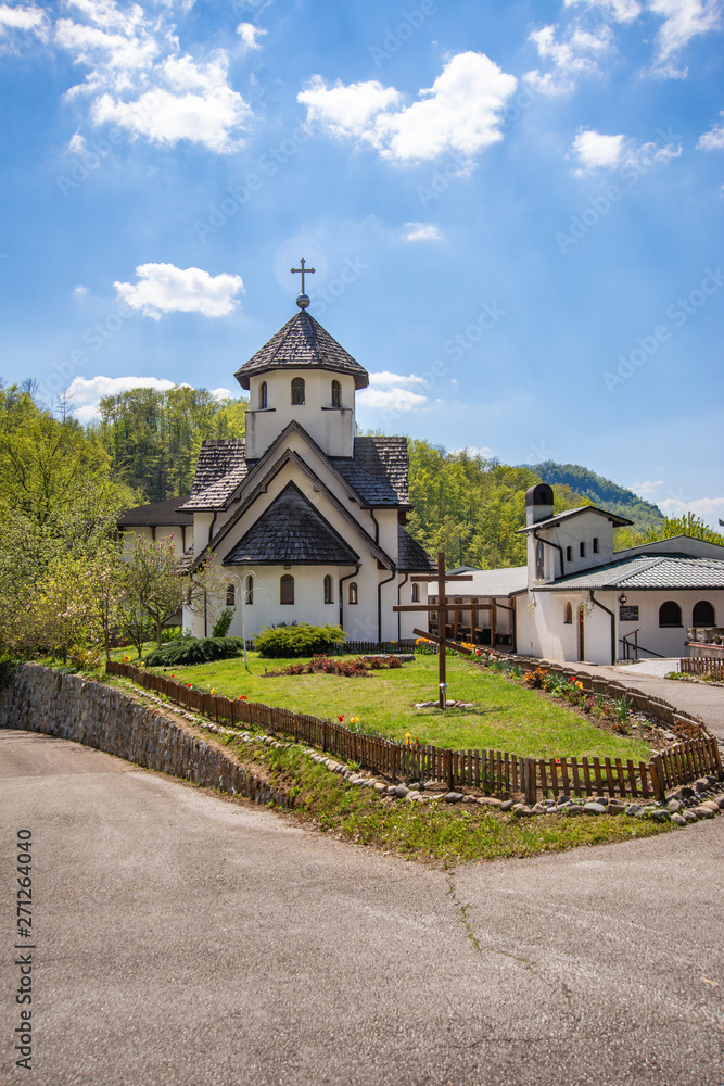 Ljubovija, Serbia April 20, 2019: The Soko Monastery is located below Soko Grad, on the slopes of the Sokolska Mountain near Ljubovija.The monastery is dedicated to the holy bishop Nikolaj Velimirovic Ljubovija, Serbia April 20, 2019: The Soko Monastery is located below Soko Grad, on the slopes of the Sokolska Mountain near Ljubovija.The monastery is dedicated to the holy bishop Nikolaj Velimirovic
