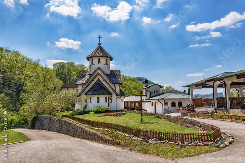 Ljubovija, Serbia April 20, 2019: The Soko Monastery is located below Soko Grad, on the slopes of the Sokolska Mountain near Ljubovija.The monastery is dedicated to the holy bishop Nikolaj Velimirovic