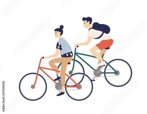 Cute romantic couple riding bicycles. Young man and woman on bikes isolated o...