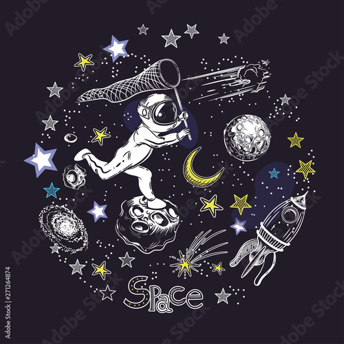 Astronaut runs for the comet. Rocket, asteroids and the moon. Circular composition. Space objects.