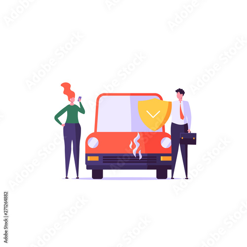 Car insurance vector illustration. Insurer in a suit protects the car. Concept of insurance, protection, security, transport. Vector illustration in flat design