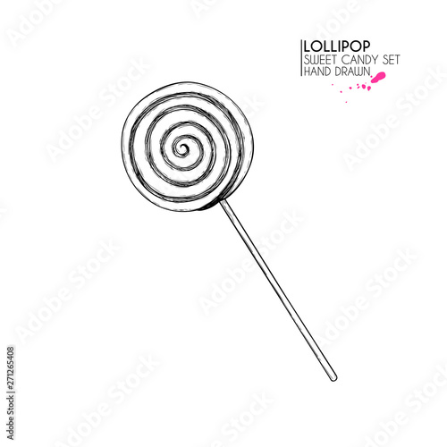 Hand drawn set of sweet candies. Twisted caramel lollipops. Vector food icons. Use for restaurant, menu, party decorating, flyer, banner. Sugar Halloween dessert.