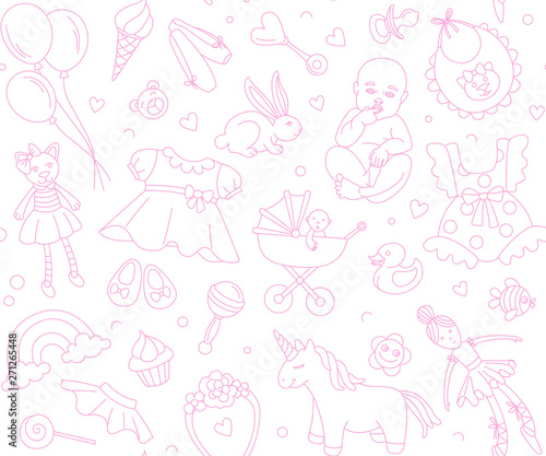 Newborn girl baby shower seamless pattern thin line doodle style