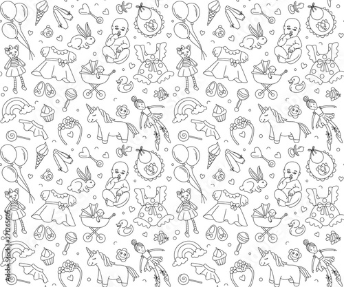 Newborn girl baby shower seamless pattern thin line doodle style