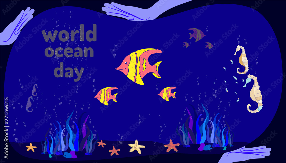 world ocean day. human hand holding help fish and sea horse life. doodle hand drawing colorful design style. vector illustration eps10