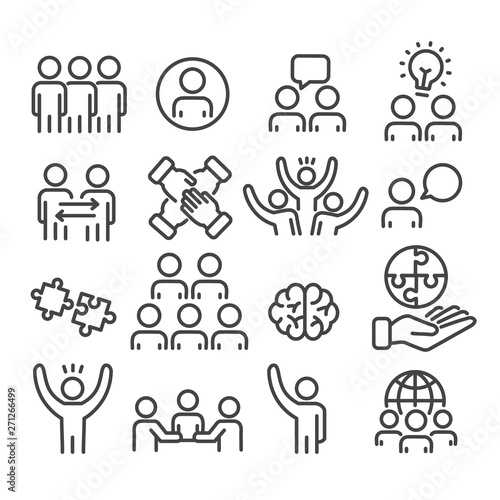 Set of teamwork icons. Brainstorming creative team for business, management concept outline isolated on white background