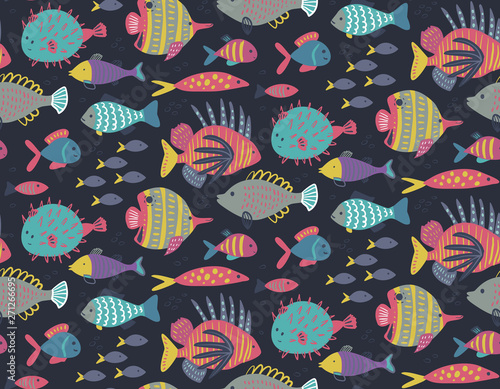 Vector seamless pattern with different colorful exotic fish.