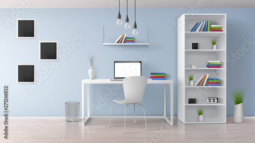 Home workplace  modern office room sunny  minimalistic style interior in pastel colors realistic vector with white furniture  laptop on desk  rack and bookshelves  photo frames on wall illustration