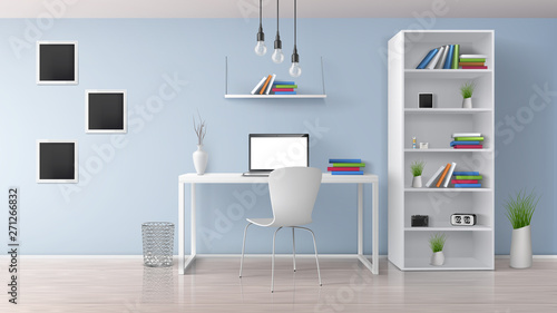 Home workplace, modern office room sunny, minimalistic style interior in pastel colors realistic vector with white furniture, laptop on desk, rack and bookshelves, photo frames on wall illustration