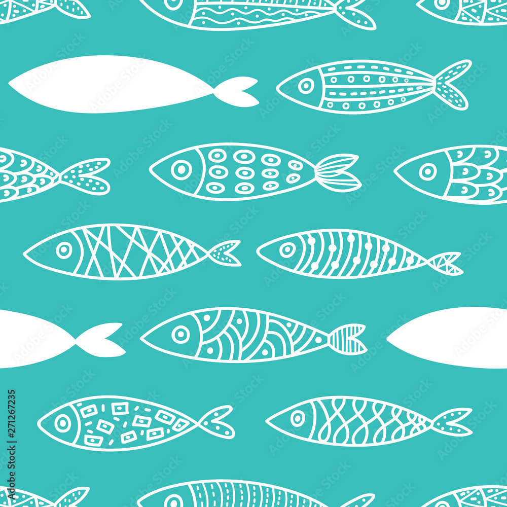 Line fish. Seamless pattern with cute ornamental fish. Sea background. Line fish. Seamless pattern with cute ornamental fish. Sea background.