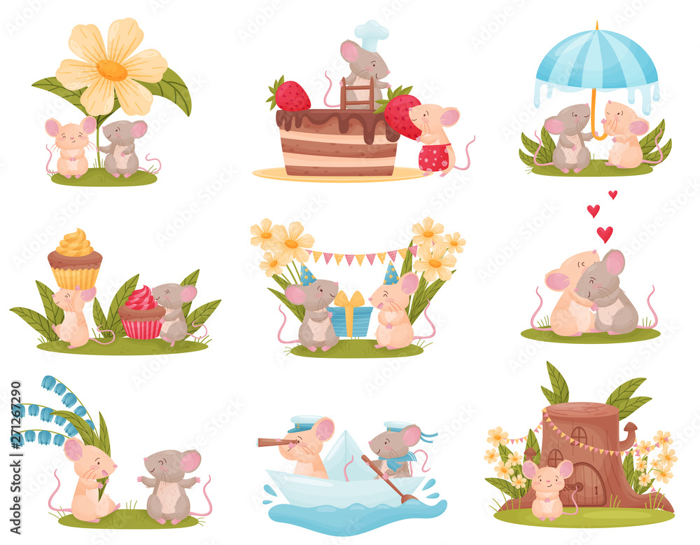 Set of images of cute humanized mice. Vector illustration on white background.