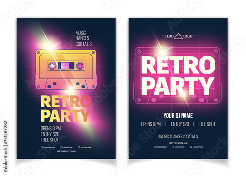 Nightclub retro music party cartoon vector advertising banner, promo flyer or placard page template with glowing neon violet color magnetic tape audio cassette and announcements info illustration