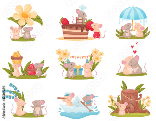 Set of images of cute humanized mice. Vector illustration on white background.