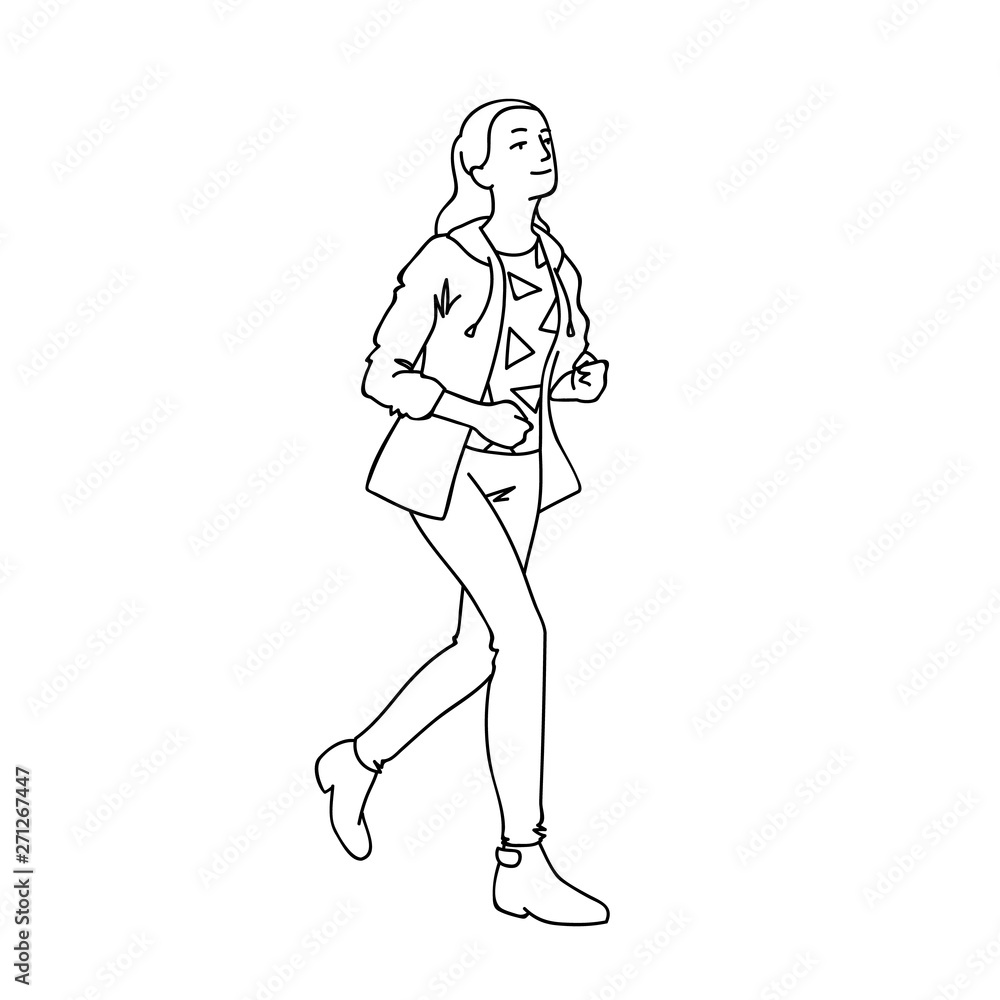 Cute girl with long hair running. Black lines isolated on white background. Concept. Vector illustration of girl runner in streetwear in line art style. Hand drawn sketch. Monochrome minimalism