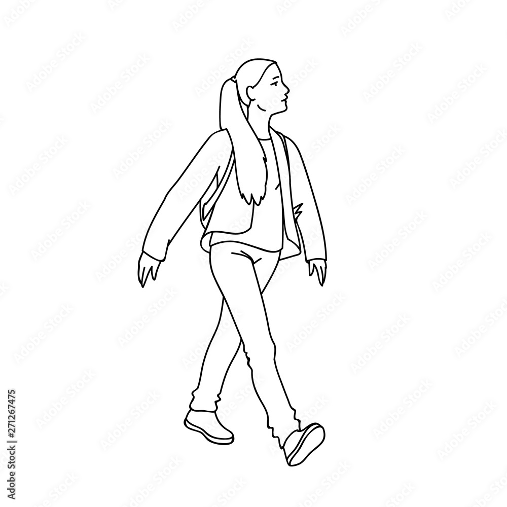 Cute girl with long hair taking a walk. Black lines isolated on white background. Concept. Vector illustration of girl going for a stroll in line art style. Hand drawn sketch. Monochrome minimalism.