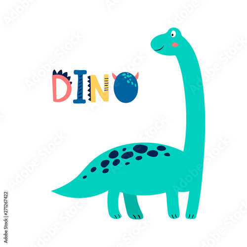 Baby print with Dino. Hand drawn graphic for typography poster, card, label, flyer, page, banner, baby wear, nursery. Scandinavian style. 