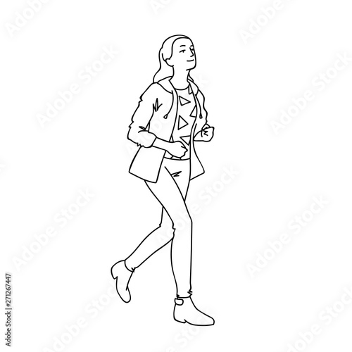 Cute girl with long hair running. Black lines isolated on white background. Concept. Vector illustration of girl runner in streetwear in line art style. Hand drawn sketch. Monochrome minimalism