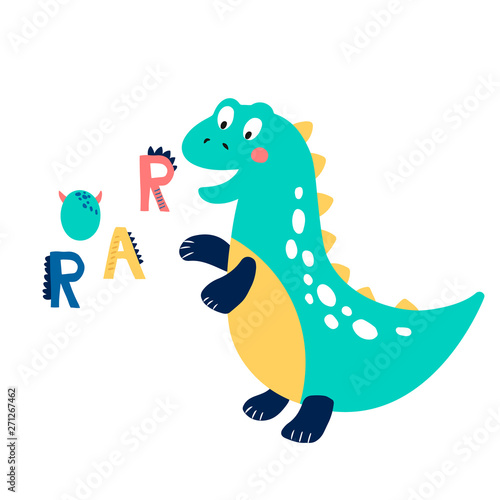 Baby print with Dino: Roar. Hand drawn graphic for typography poster, card, label, flyer, page, banner, baby wear, nursery. Scandinavian style. 
