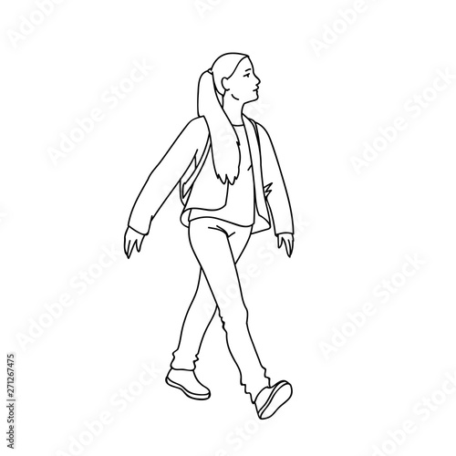 Cute girl with long hair taking a walk. Black lines isolated on white background. Concept. Vector illustration of girl going for a stroll in line art style. Hand drawn sketch. Monochrome minimalism.