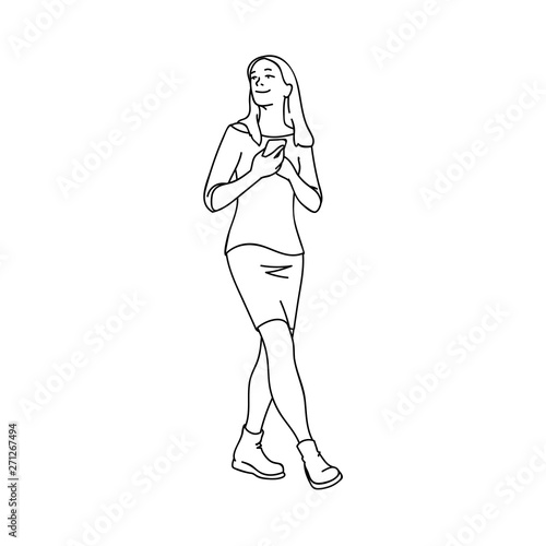 Cute girl with phone in her hands at the chest taking a walk. Black lines isolated on white background. Concept. Vector illustration of girl in skirt going for a stroll in simple line art style