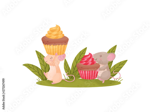 Two humanized mice carry muffins. Vector illustration on white background.