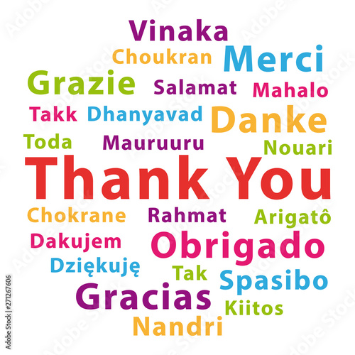 Thank you in different languages. Colorful vector word cloud.