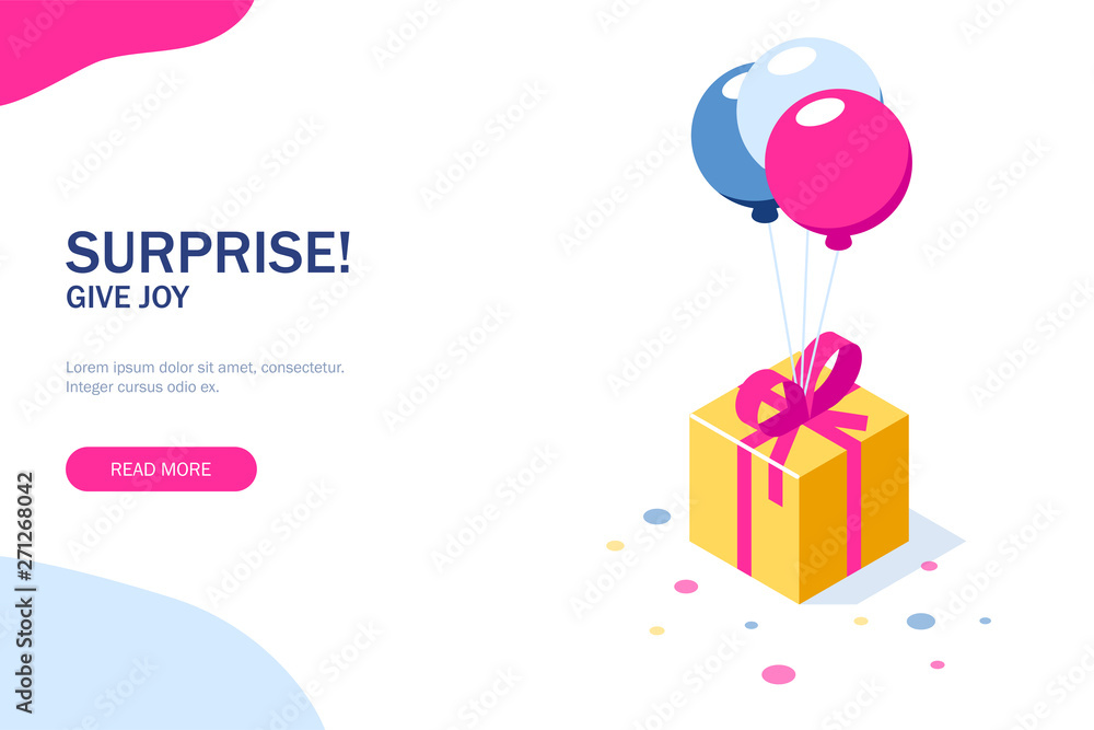 Gift box with ribbon on ballons. Gift symbol. Surprise for a holiday or birthday. Can use for web banner, infographics, hero images. Vector isometric 3d illustration.