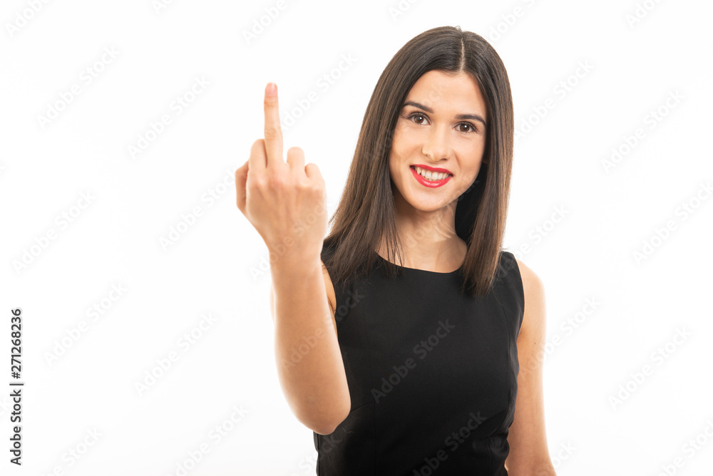 Portrait of beautiful young lawyer posing showing middle finger Portrait of beautiful young lawyer posing showing middle finger
