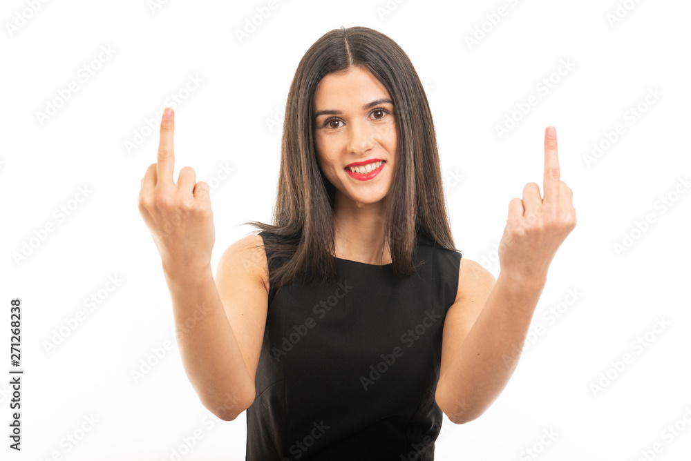 Portrait of beautiful young lawyer posing showing double middle finger Portrait of beautiful young lawyer posing showing double middle finger
