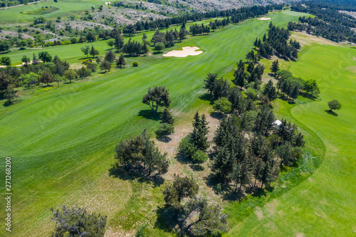 Aerial view of the green golf course in Tbilisi. Georgia. Bird s-eye.