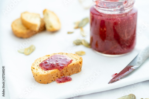 Quick light Breakfast with cookies and jam, healthy Italian snack in the morning with baked cantuccini