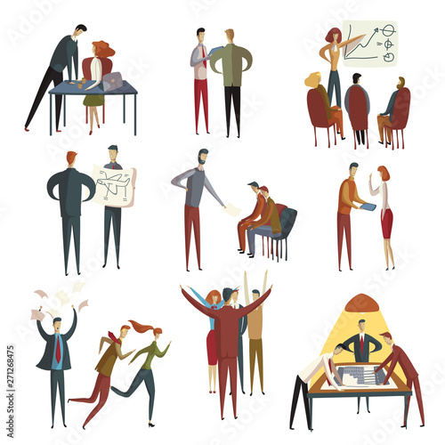 Set of images of men and women in different situations in the office. Vector illustration on white background.