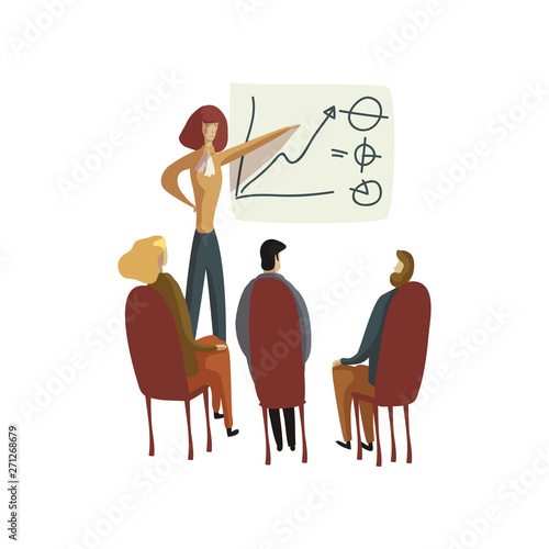 Woman shows a graph on the board to colleagues. Vector illustration on white background.