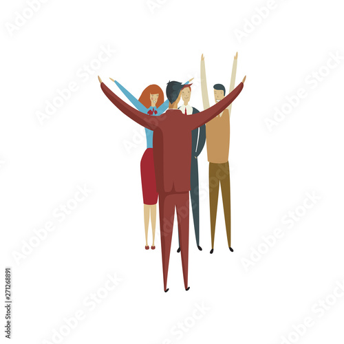 Man in a red suit shows exercises to warm up his colleagues. Vector illustration on white background.