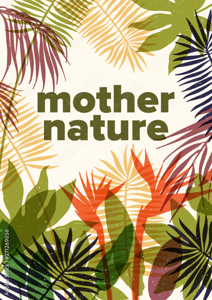 Obraz premium Summer flyer, poster or postcard template with translucent foliage of exotic plants and trees growing in tropical rainforest or jungle and Mother Nature text