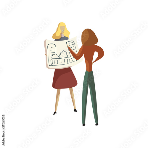 Blonde shows her colleague a draft on paper. Vector illustration on white background.